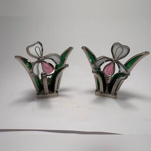 Vintage Pair Of Stained Glass Orchid Flower Candle Holders Spring Colorful
